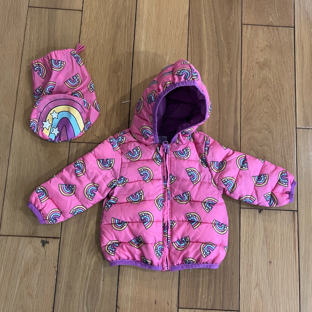 RO+ME by Robeez Baby Girl Pink Rainbow Winter Jacket; 3-6 Months